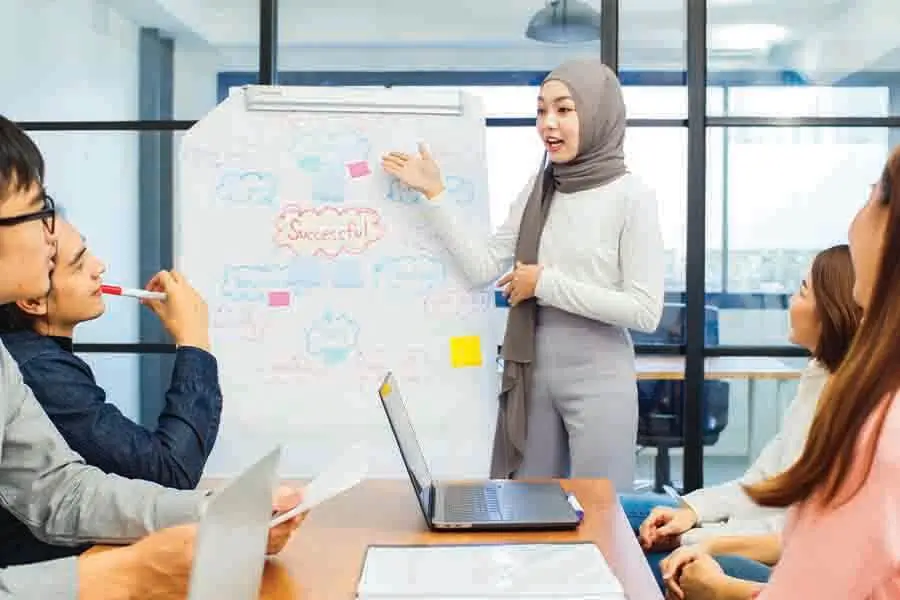muslim women giving a presentation multiracial work place muslim women giving a presentation multiracial work place